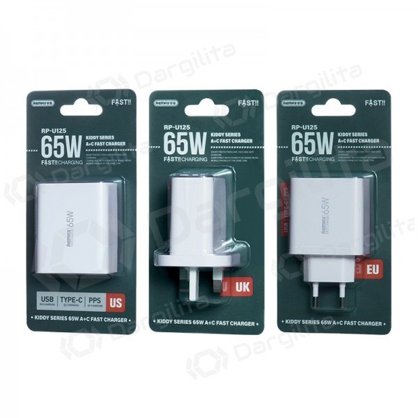 Telefono įkroviklis Remax RP-U125 65 W USB-C + USB-A GaN PD QC baltas