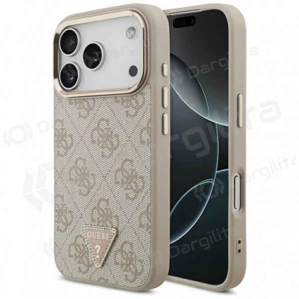 Apple iPhone 17 Pro Max dėklas "Guess PU Leather 4G Strass Triangle Logo Gold Frame MagSafe" (rožinis)