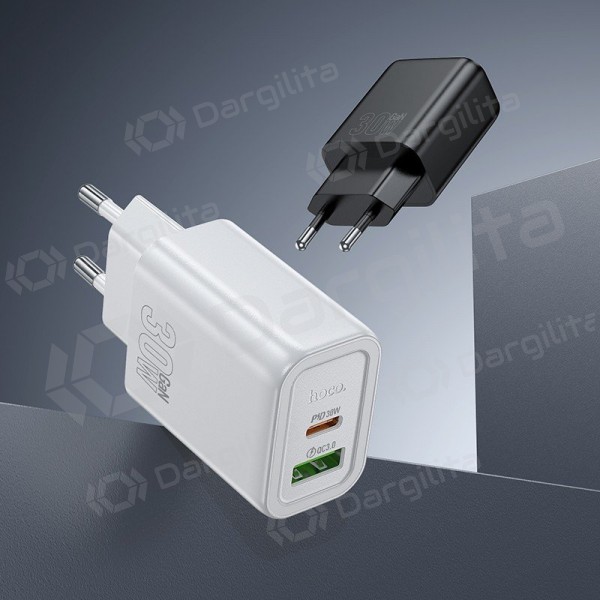 Telefono įkroviklis Hoco N63 30 W GaN USB-C + USB-A su Lightning laidu 1 m baltas