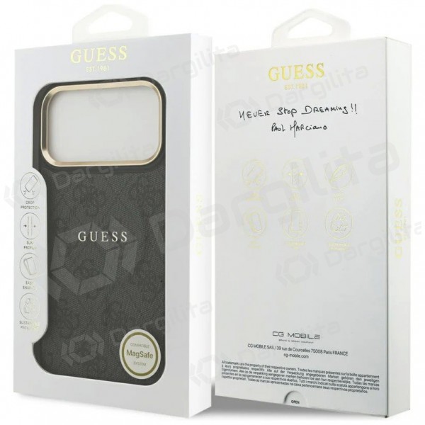 Apple iPhone 17 Pro dėklas "Guess PU Leather 4G Gold Frame MagSafe" (juodas)