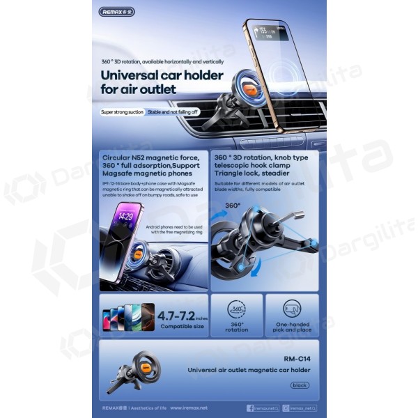 Automobilinis telefono laikiklis Remax RM-C14 į ventiliacijos groteles 360°