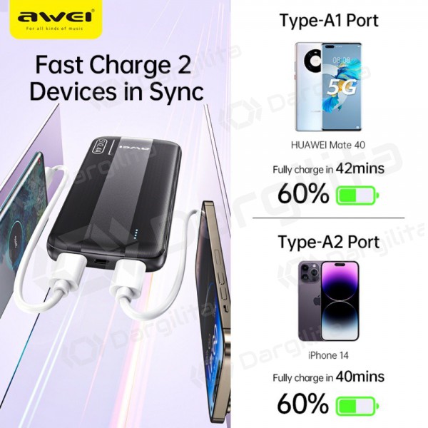 Išorinė baterija Power Bank Awei P20K 5V/2.4A 10000mAh juoda