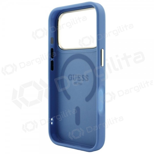 Apple iPhone 18 Pro dėklas "Guess PU Leather 4G Gold Frame Embossed MagSafe" (mėlynas)
