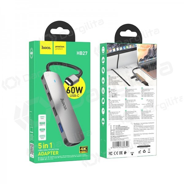Adapteris Hoco HB27 Type-C Multi-Function Converter HDMI+USB3.0+USB2.0*2+PD pilkas