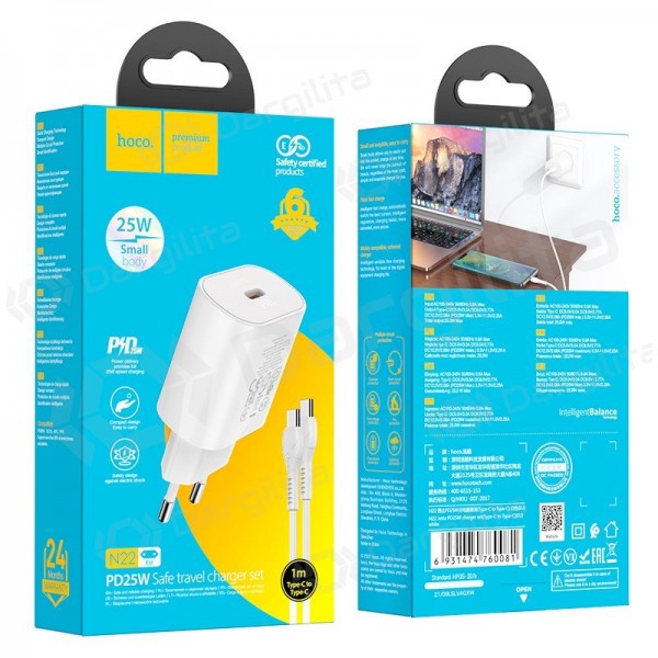 Telefono įkroviklis Hoco N22 25 W USB-C PD PPS QC USB-C + USB-C baltas