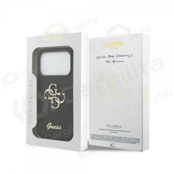 Apple iPhone 18 Pro Max dėklas "Guess PU Fixed Glitter 4G Metal Logo" (juodas)