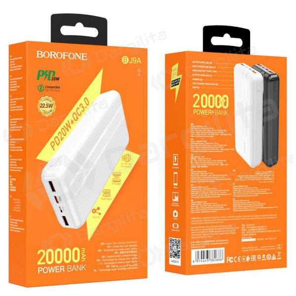 Išorinė baterija Power Bank Borofone BJ9A Type-C PD+Quick Charge 3.0 (3A) 20000mAh balta Išorinė baterija Power Bank Borofone BJ9A Type-C PD+Quick Charge 3.0 (3A) 20000mAh balta