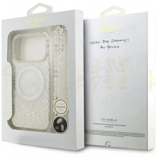 Apple iPhone 18 Pro dėklas "Guess IML Flowers Allover Strap MagSafe" (baltas)