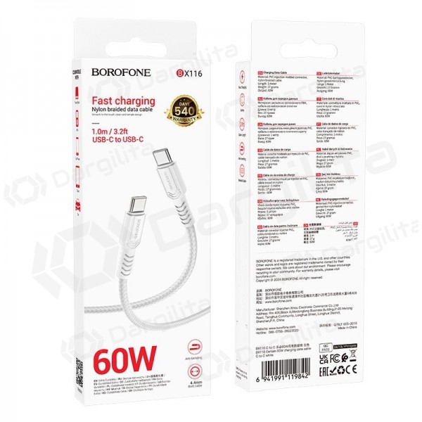 USB-C laidas Borofone BX116 USB-C į USB-C 1 m 60 W baltas